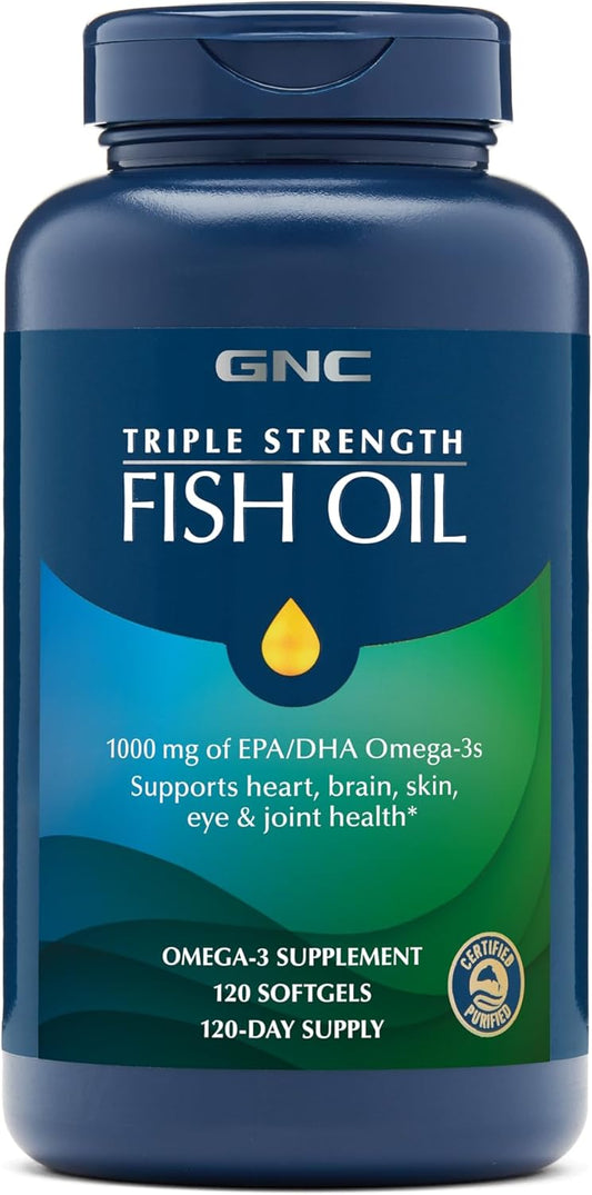 120 Count GNC Triple Strength Omega-3 Fish Oil Capsules 1000mg - Promotes Heart, Joint, Skin, and Eye Health