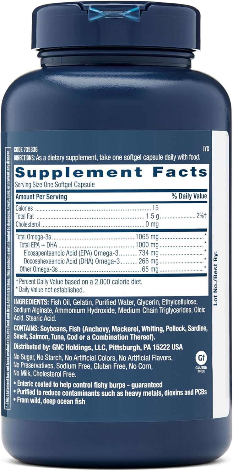 120 Count GNC Triple Strength Omega-3 Fish Oil Capsules 1000mg - Promotes Heart, Joint, Skin, and Eye Health