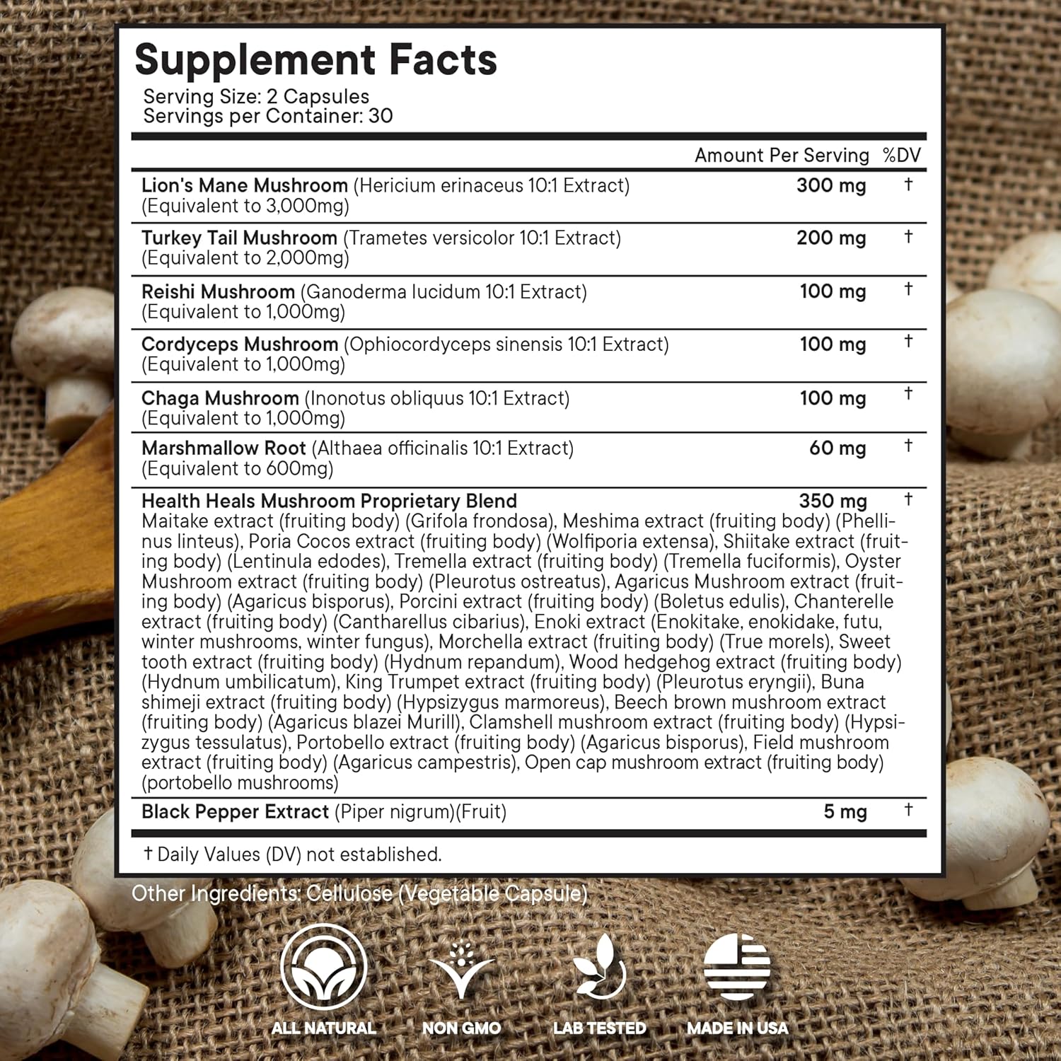 120 Count Health Heals Mushroom Supplement with Lion's Mane, Turkey Tail, Reishi, Cordyceps, Chaga, and Marshmallow Root