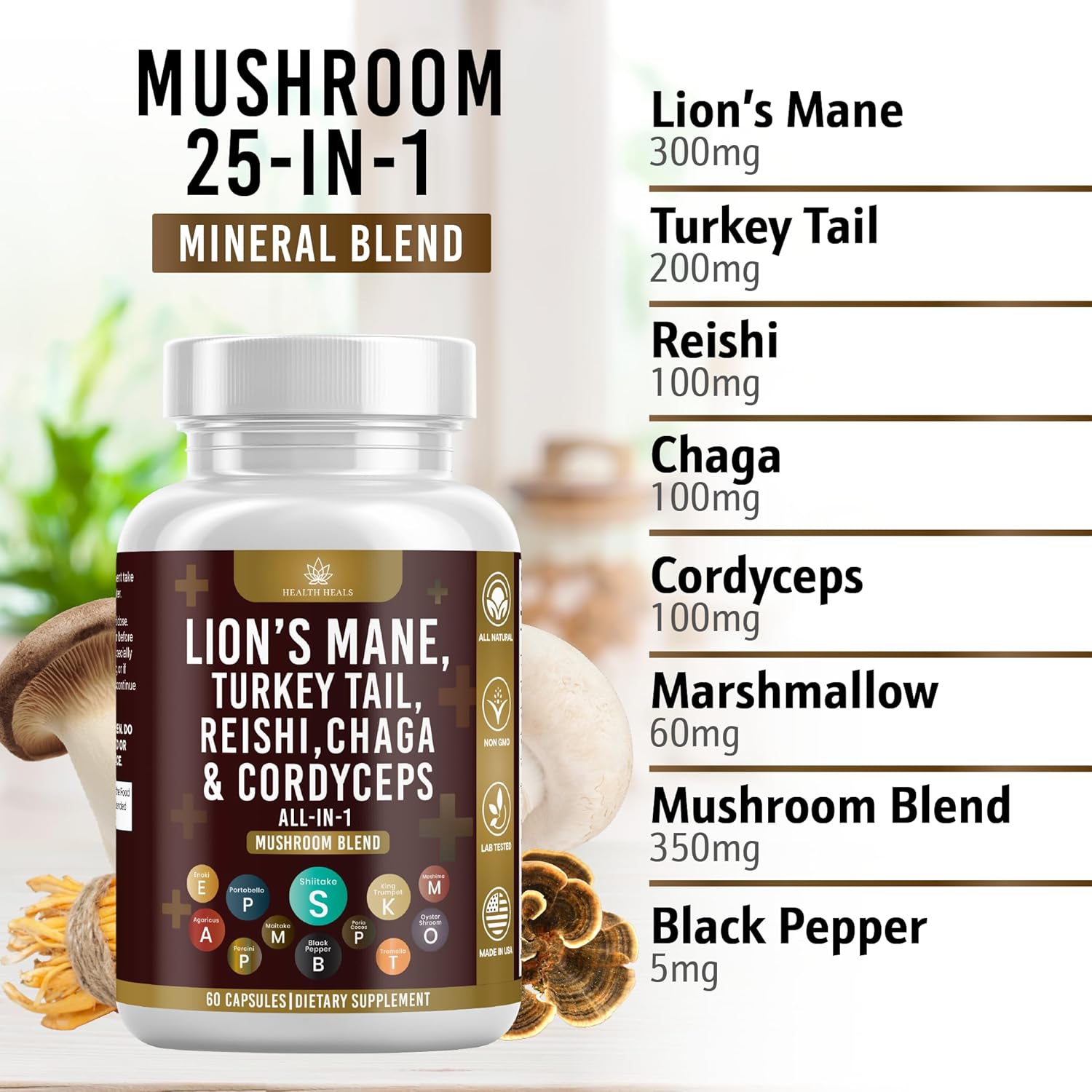 120 Count Health Heals Mushroom Supplement with Lion's Mane, Turkey Tail, Reishi, Cordyceps, Chaga, and Marshmallow Root