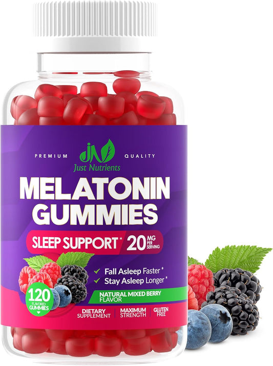120 Count Just Nutrients Melatonin 20mg Gummies - Maximum Strength Sleep Aid, Gluten-Free, Non-GMO, Vegetarian - Mixed Berry Flavor