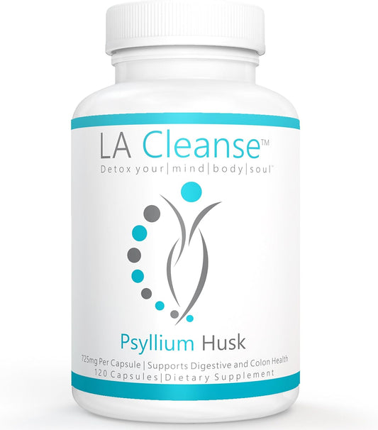 120 Count LA Cleanse Psyllium Husk Fiber Supplement Capsules - 725mg for Digestive Health & Weight Management - Dietary Supplements for Wellbeing