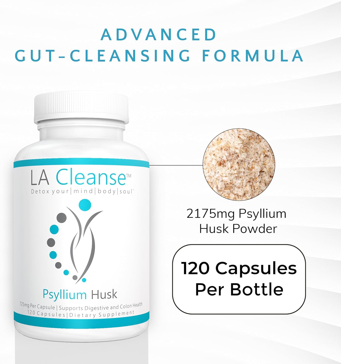 120 Count LA Cleanse Psyllium Husk Fiber Supplement Capsules - 725mg for Digestive Health & Weight Management - Dietary Supplements for Wellbeing
