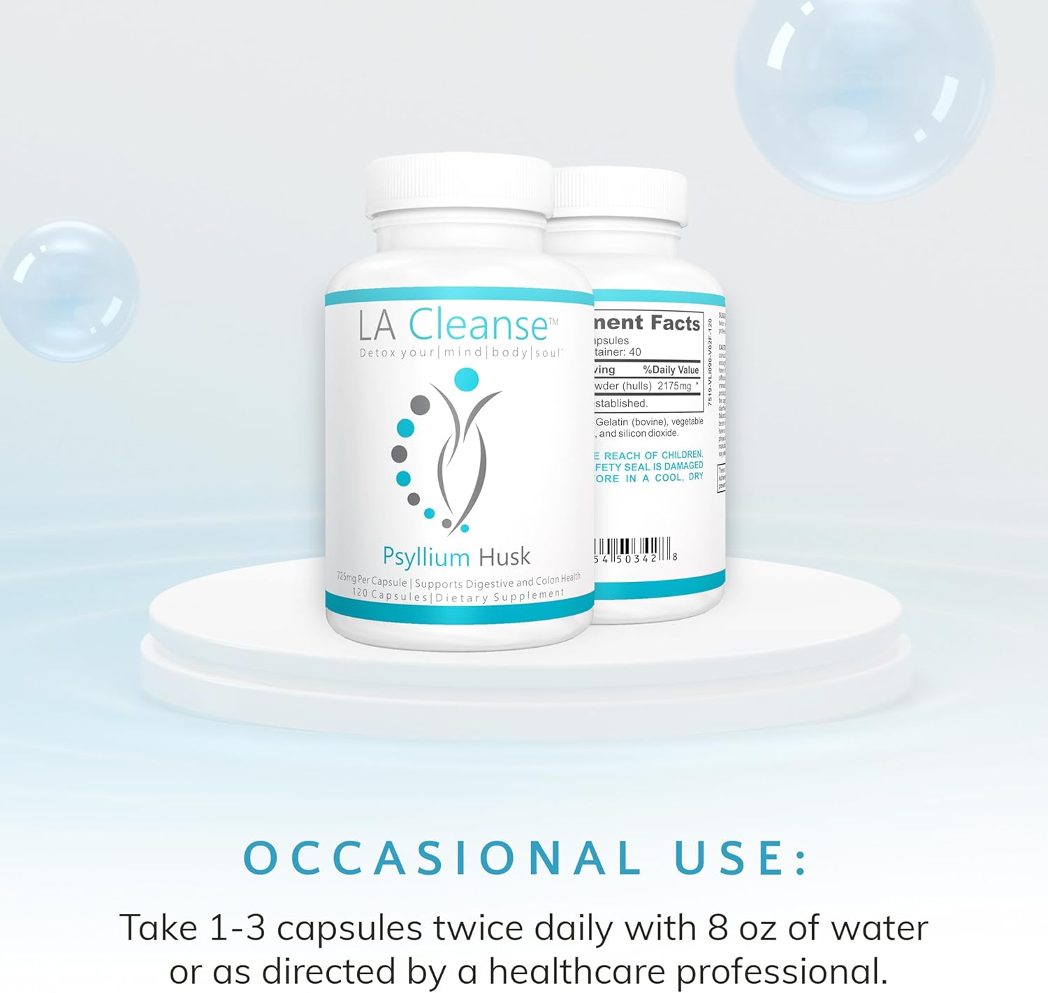 120 Count LA Cleanse Psyllium Husk Fiber Supplement Capsules - 725mg for Digestive Health & Weight Management - Dietary Supplements for Wellbeing