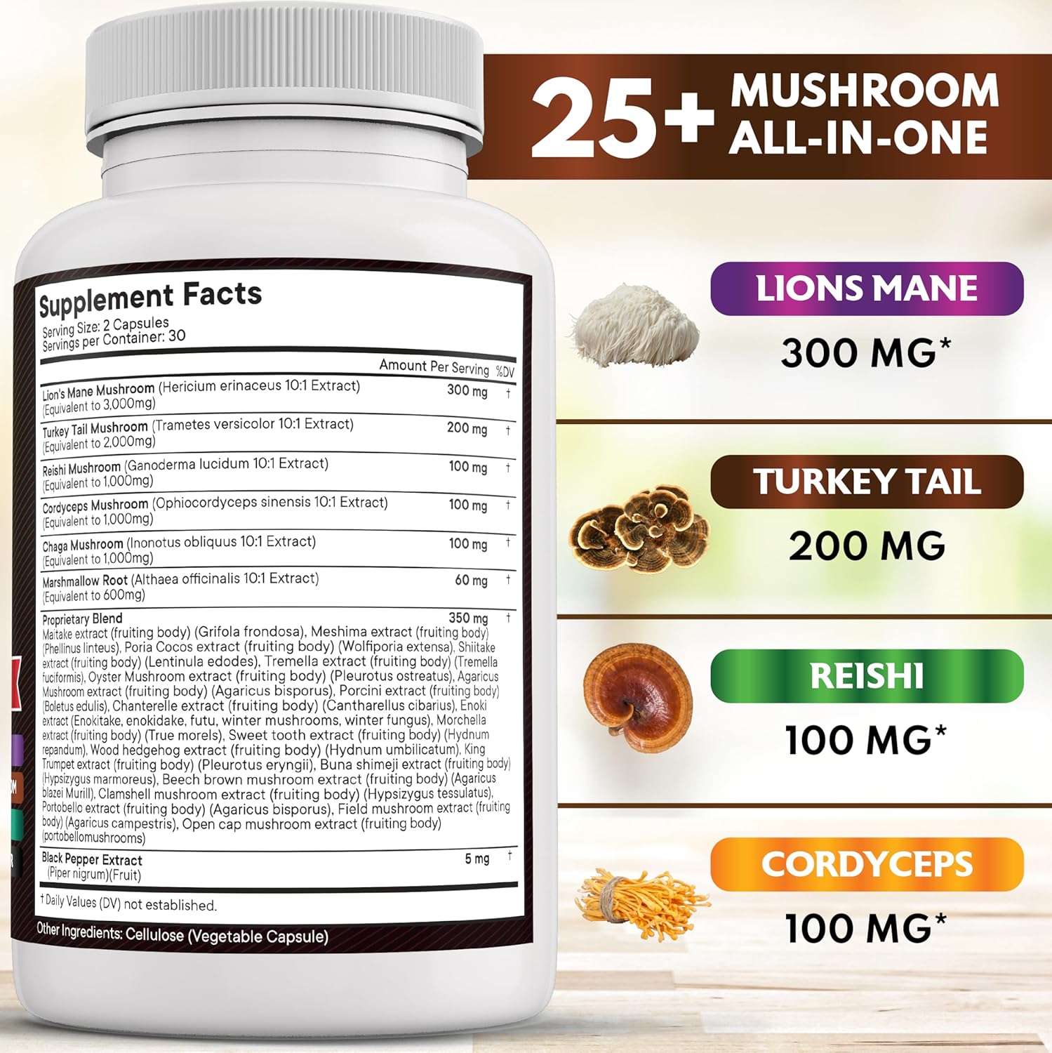 120 Count Lions Mane Mushroom Supplement with Turkey Tail, Reishi, Cordyceps, Chaga, and Marshmallow Root for Immune Support
