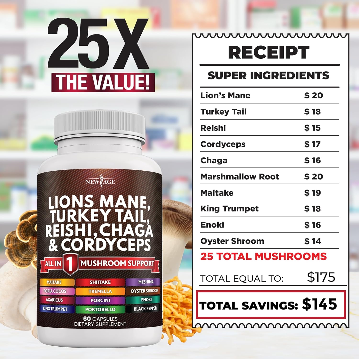 120 Count Lions Mane Mushroom Supplement with Turkey Tail, Reishi, Cordyceps, Chaga, and Marshmallow Root for Immune Support