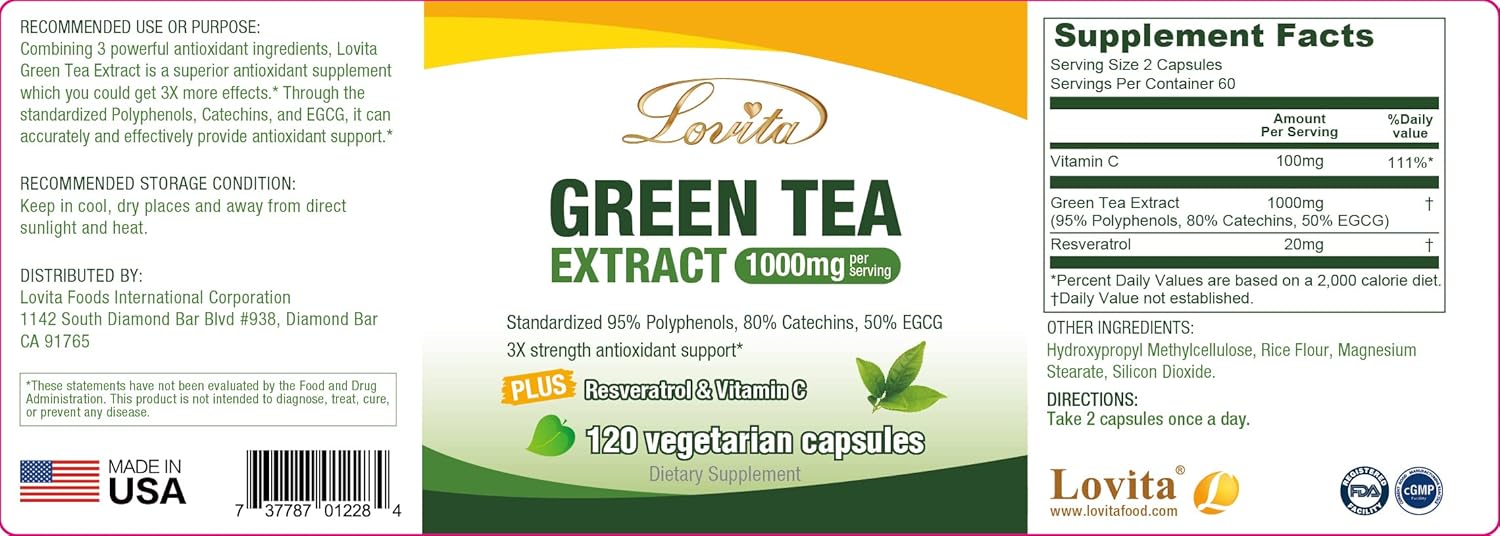 120 Count Lovita Green Tea Extract Capsules - 1000mg Pure Green Tea Supplement