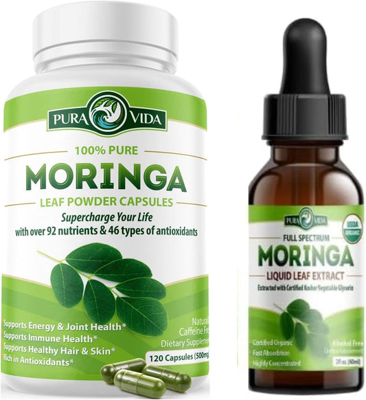120 Count Moringa Capsules and 2fl oz Moringa Leaf Extract Drops by PURA VIDA