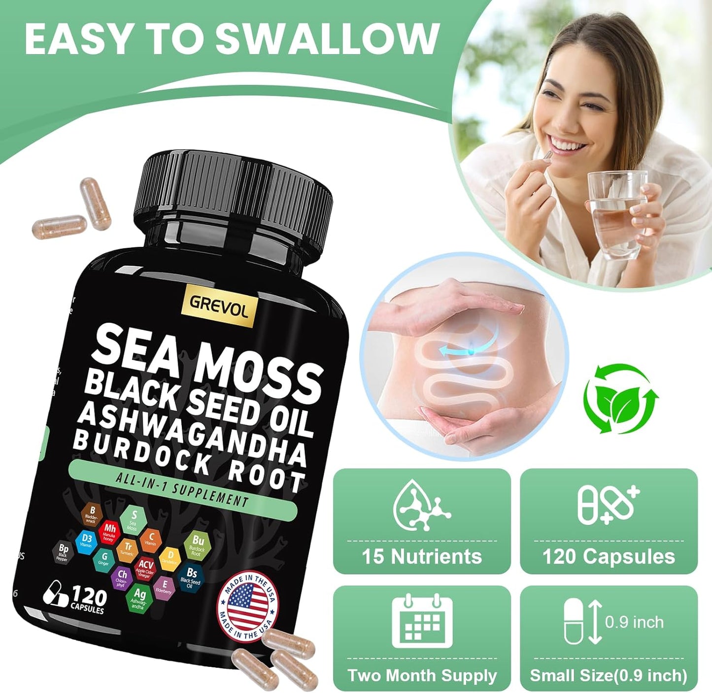 120 Count Multimineral Supplement Capsules with Sea Moss, Ashwagandha, Black Seed Oil, Bladderwrack, Burdock Root, Turmeric, Vitamin C, D3, Elderberry, ACV, and Black Pepper