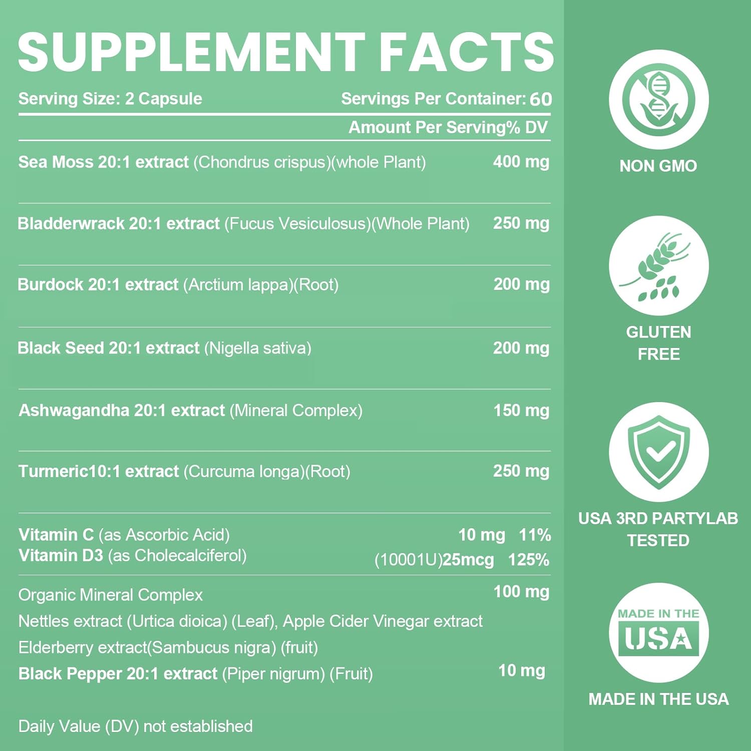 120 Count Multimineral Supplement Capsules with Sea Moss, Ashwagandha, Black Seed Oil, Bladderwrack, Burdock Root, Turmeric, Vitamin C, D3, Elderberry, ACV, and Black Pepper