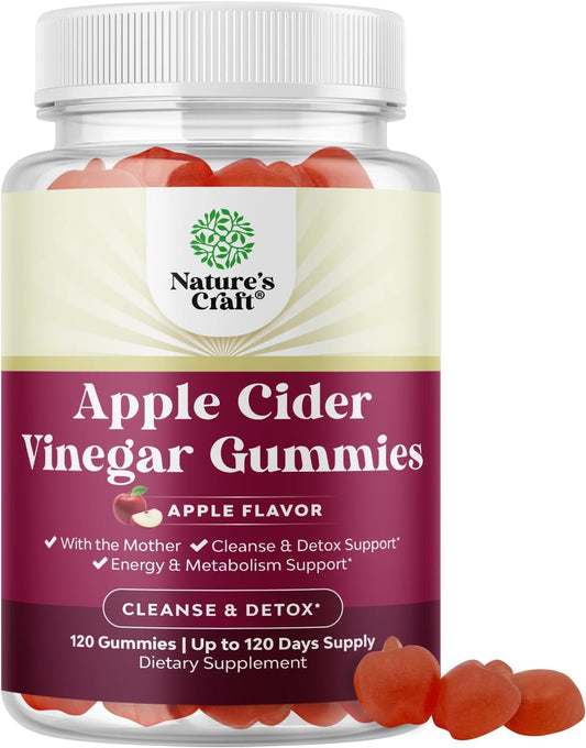 120 Count Natures Craft ACV Apple Cider Vinegar Gummies with Mother - Natural Energy Supplement for Body Cleanse, Immune Support, Gut Health - Vitamin B12, Beet Root included