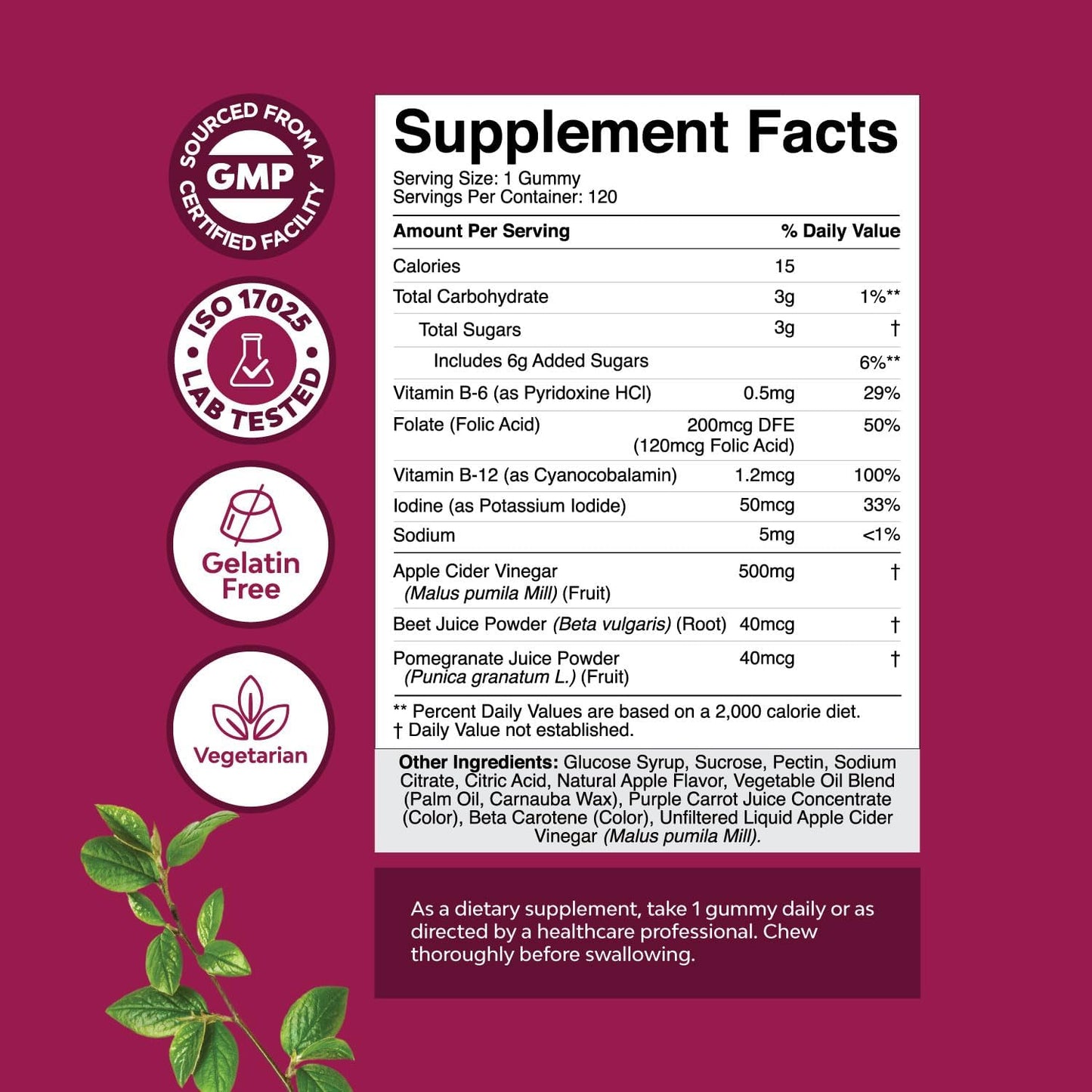 120 Count Natures Craft ACV Apple Cider Vinegar Gummies with Mother - Natural Energy Supplement for Body Cleanse, Immune Support, Gut Health - Vitamin B12, Beet Root included