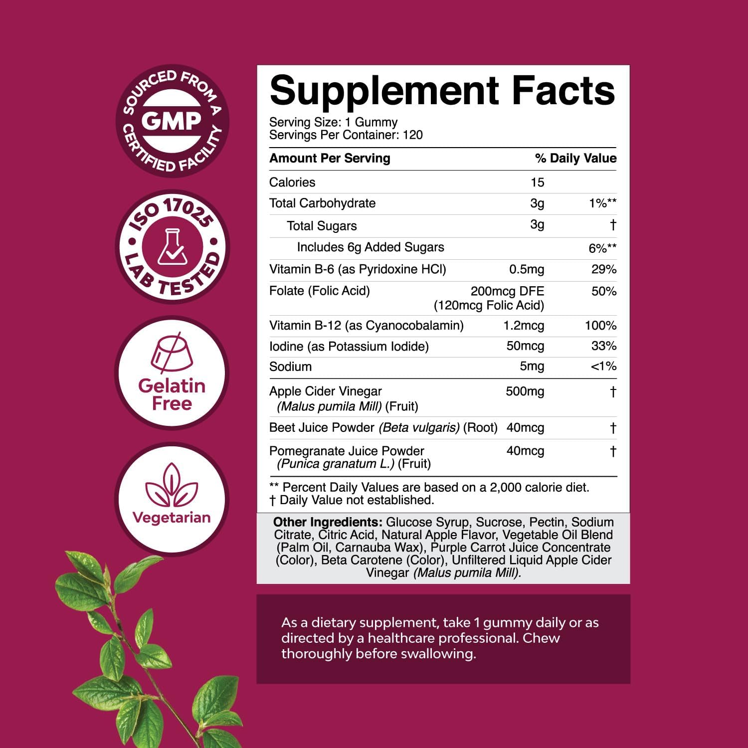 120 Count Natures Craft ACV Apple Cider Vinegar Gummies with Mother - Natural Energy Supplement for Body Cleanse, Immune Support, Gut Health - Vitamin B12, Beet Root included