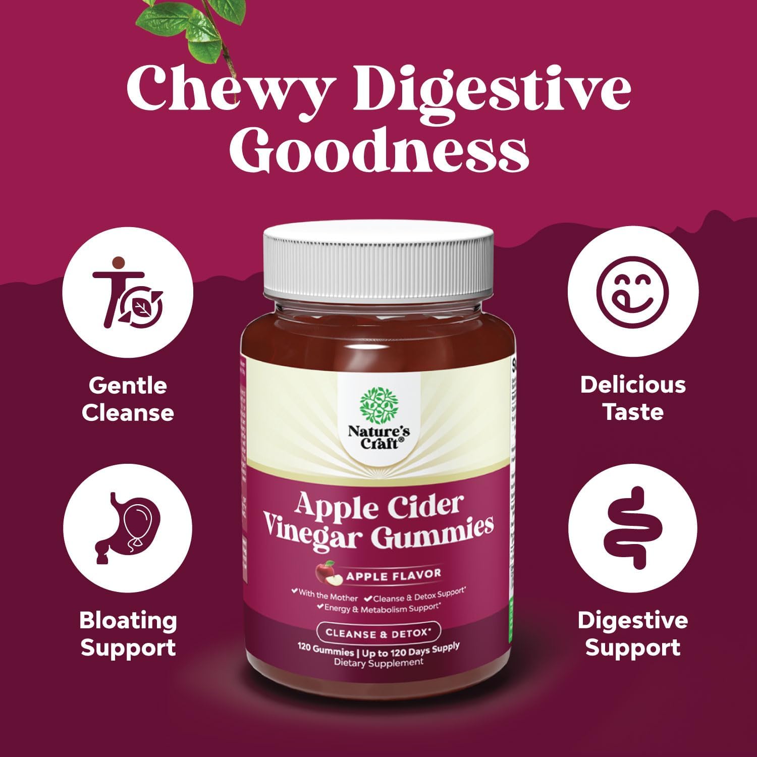 120 Count Natures Craft ACV Apple Cider Vinegar Gummies with Mother - Natural Energy Supplement for Body Cleanse, Immune Support, Gut Health - Vitamin B12, Beet Root included