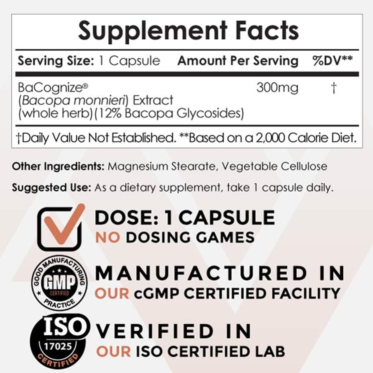 120 Count Nootropics Depot BaCognize Bacopa Monnieri Capsules - 300mg, Ayurvedic Herb, Non-GMO, Gluten Free, Vegetarian