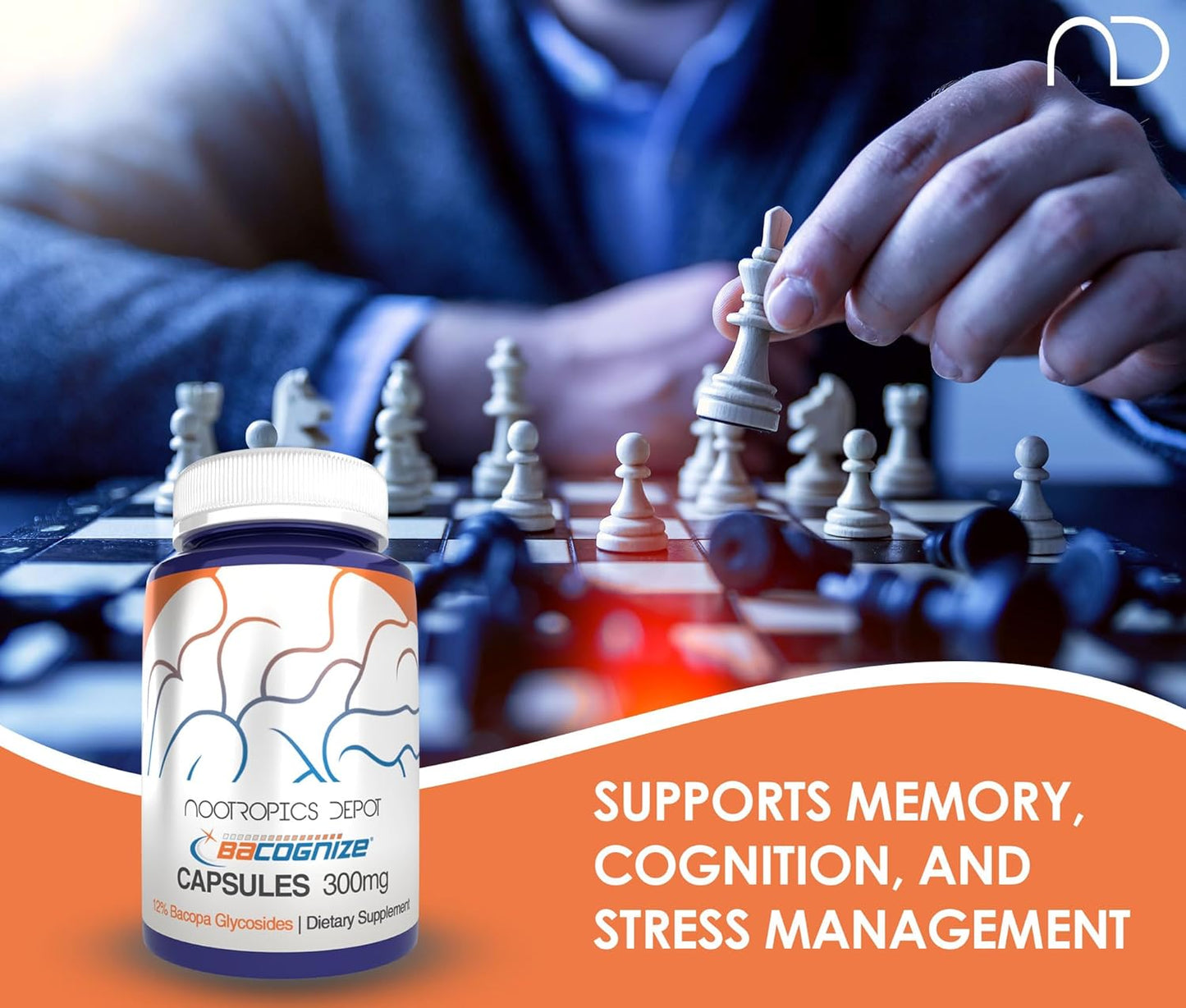 120 Count Nootropics Depot BaCognize Bacopa Monnieri Capsules - 300mg, Ayurvedic Herb, Non-GMO, Gluten Free, Vegetarian