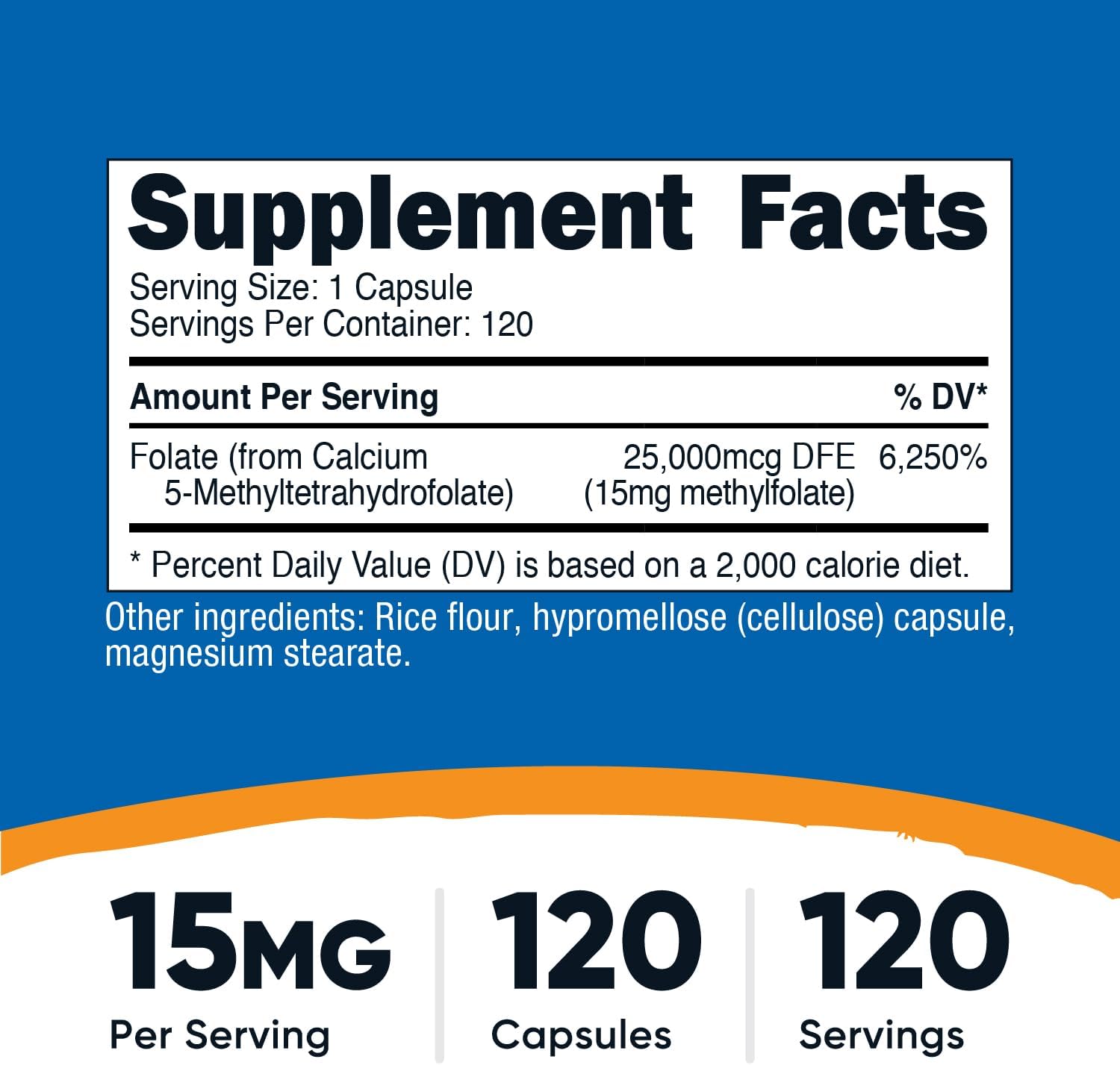 120 Count Nutricost L-Methylfolate 15mg Capsules - Vegan, Non-GMO, Gluten Free (5-MTHF)