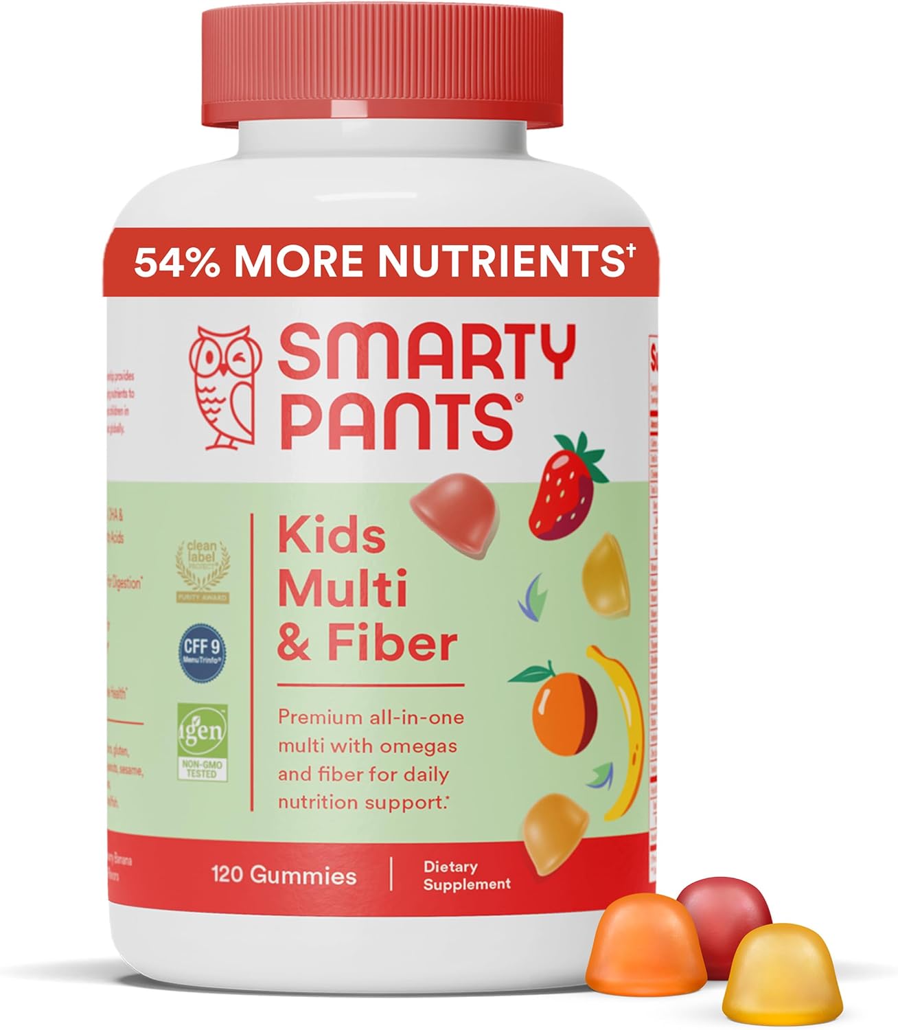 120 Count SmartyPants Kids Multivitamin Gummies with Fiber: Vitamin D3, C, B12, B6, A, Zinc, Biotin, Inositol - Three Fruit Flavors, 30 Day Supply