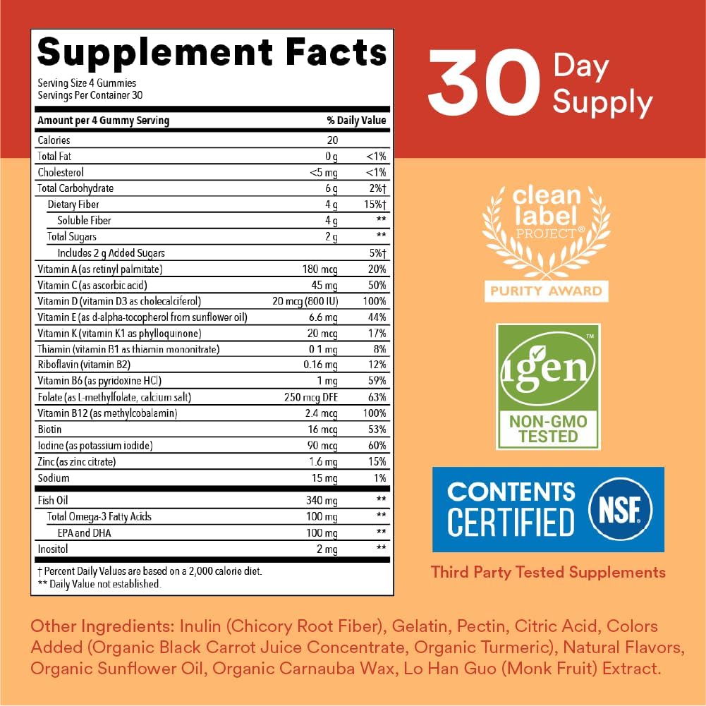 120 Count SmartyPants Kids Multivitamin Gummies with Fiber: Vitamin D3, C, B12, B6, A, Zinc, Biotin, Inositol - Three Fruit Flavors, 30 Day Supply