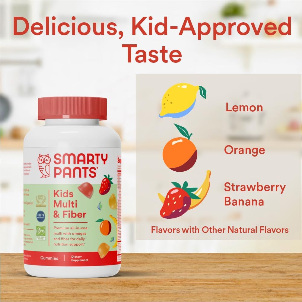 120 Count SmartyPants Kids Multivitamin Gummies with Fiber: Vitamin D3, C, B12, B6, A, Zinc, Biotin, Inositol - Three Fruit Flavors, 30 Day Supply