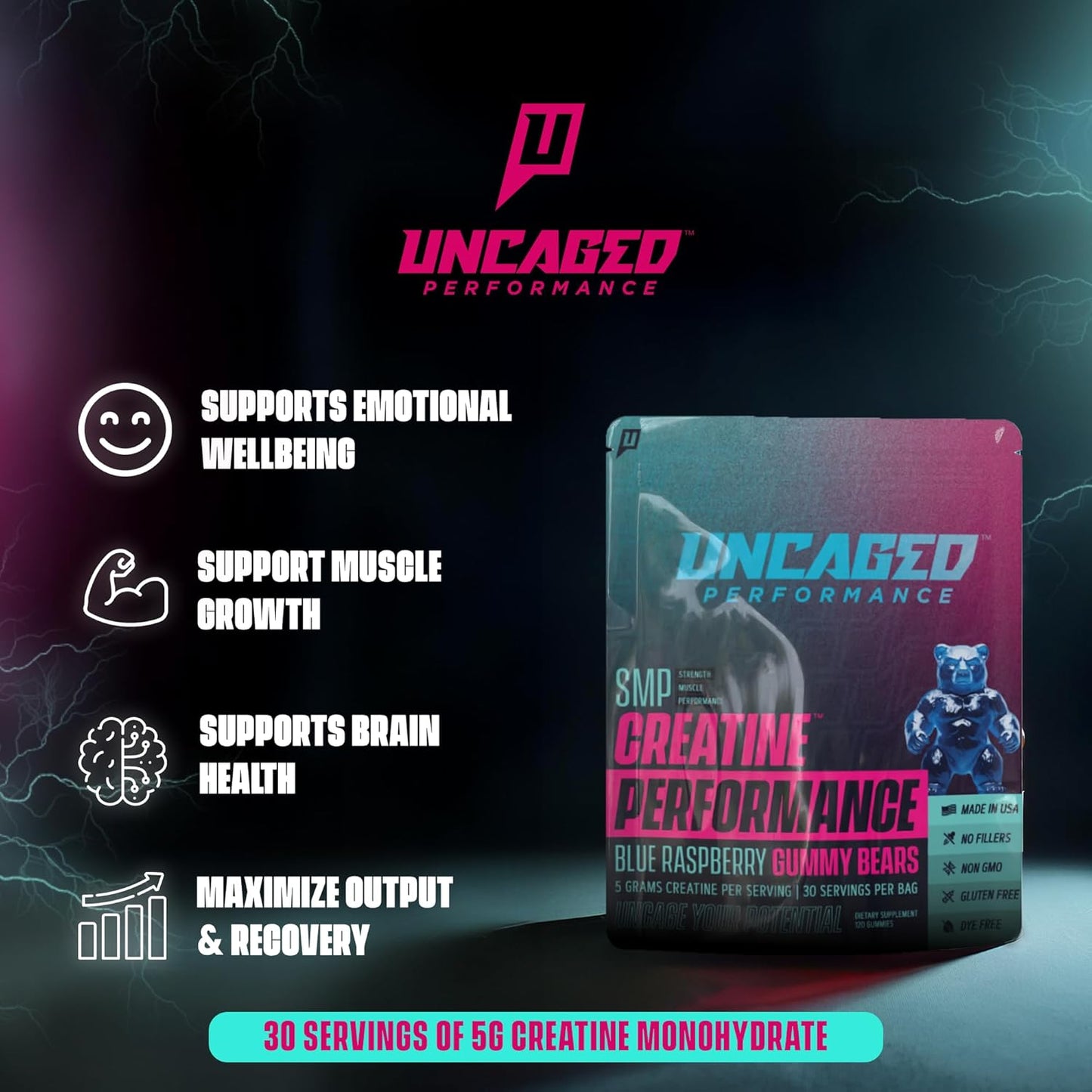 120 Count Uncaged Performance Creatine Monohydrate Gummies - Blue Raspberry Flavor - 5g Creatine, 30 Servings - Supports Strength and Muscle Performance - Fast Absorbing for Men and Women - Premium All Natural Formula