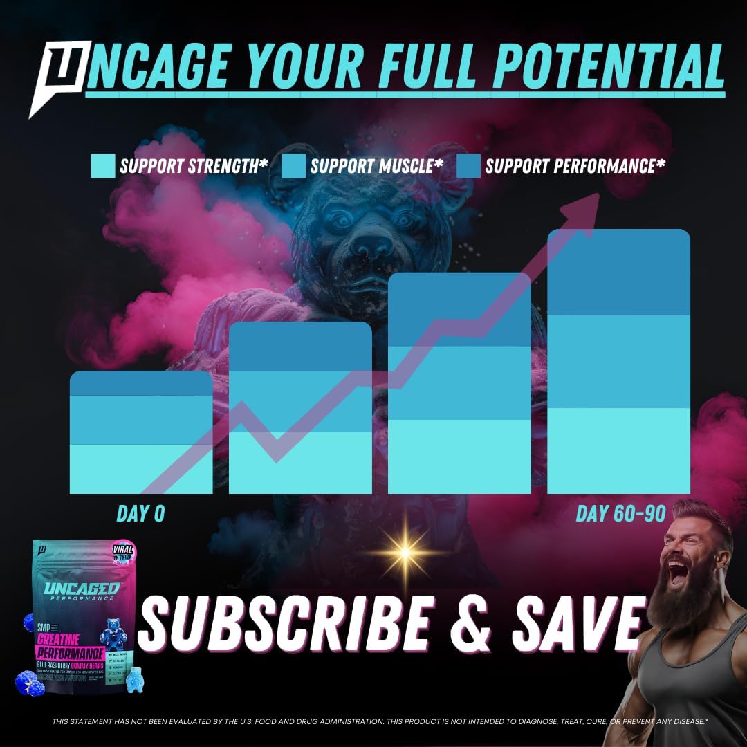 120 Count Uncaged Performance Creatine Monohydrate Gummies - Blue Raspberry Flavor - 5g Creatine, 30 Servings - Supports Strength and Muscle Performance - Fast Absorbing for Men and Women - Premium All Natural Formula