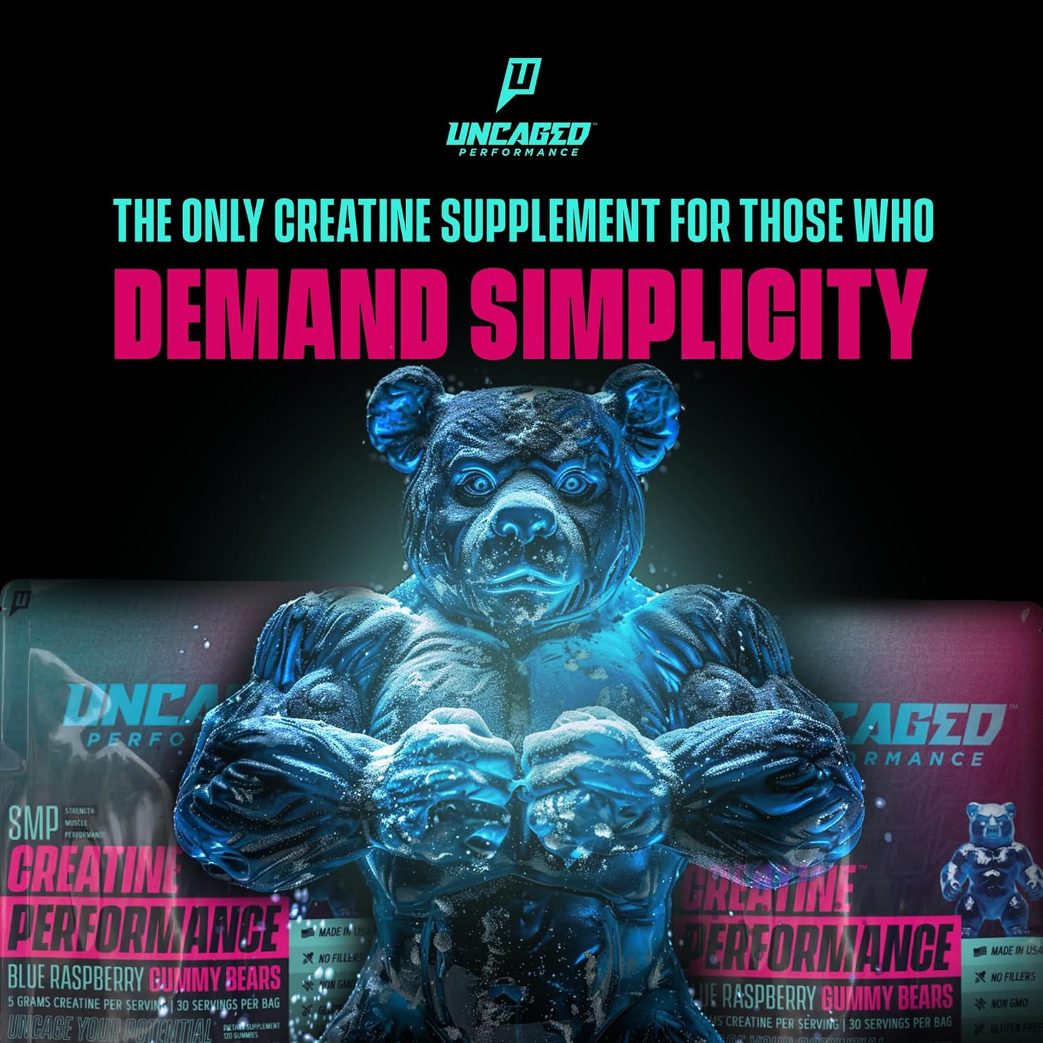 120 Count Uncaged Performance Creatine Monohydrate Gummies - Blue Raspberry Flavor - 5g Creatine, 30 Servings - Supports Strength and Muscle Performance - Fast Absorbing for Men and Women - Premium All Natural Formula