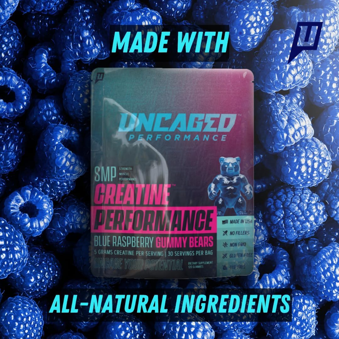 120 Count Uncaged Performance Creatine Monohydrate Gummies - Blue Raspberry Flavor - 5g Creatine, 30 Servings - Supports Strength and Muscle Performance - Fast Absorbing for Men and Women - Premium All Natural Formula