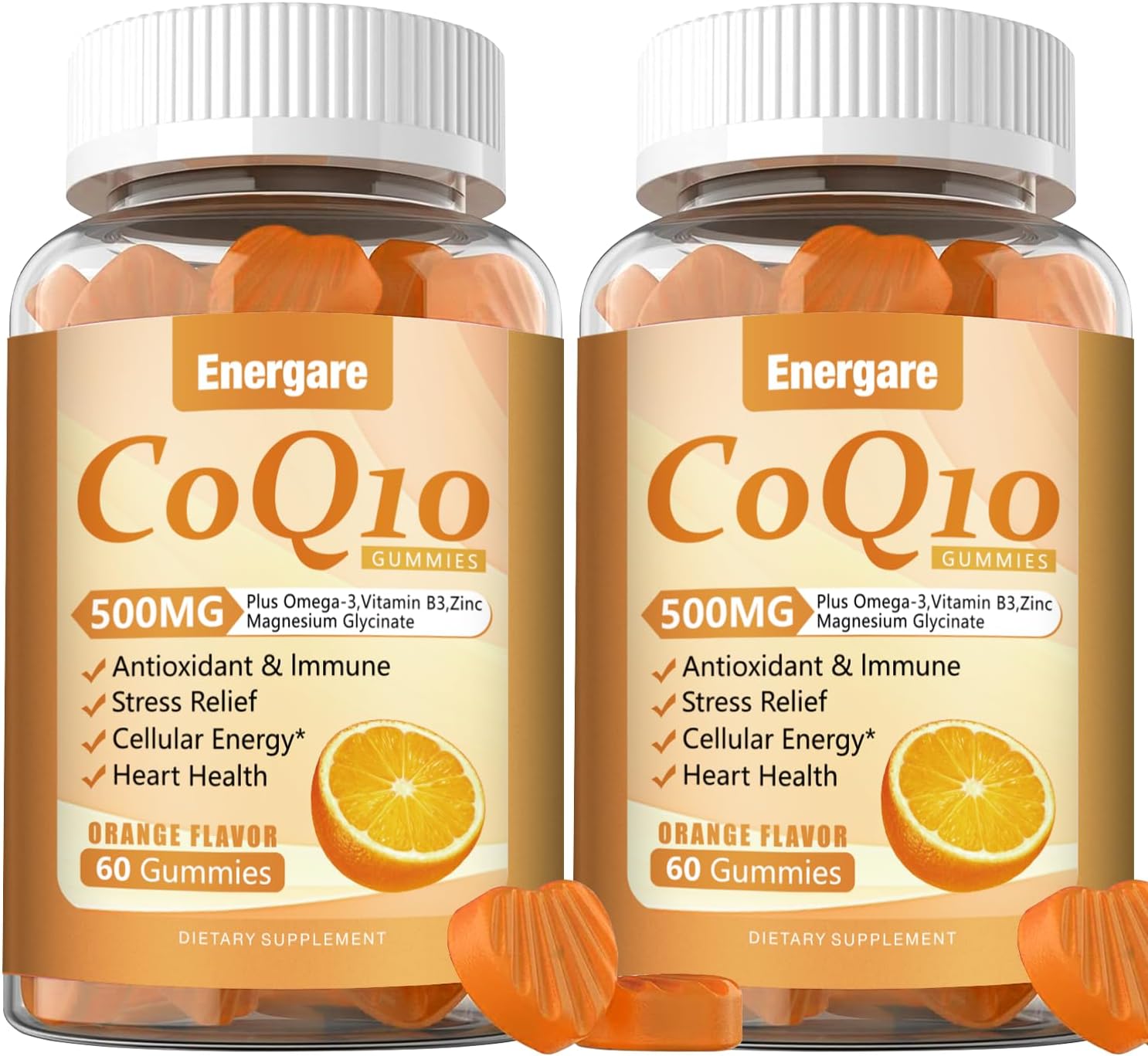 120 Ct Energare CoQ10 500MG Gummies with Omega-3, Magnesium, Vitamin B3 & Zinc - Vegan & Non-GMO - Heart Health & Antioxidant Support