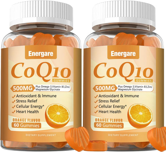120 Ct Energare CoQ10 500MG Gummies with Omega-3, Magnesium, Vitamin B3 & Zinc - Vegan & Non-GMO - Heart Health & Antioxidant Support