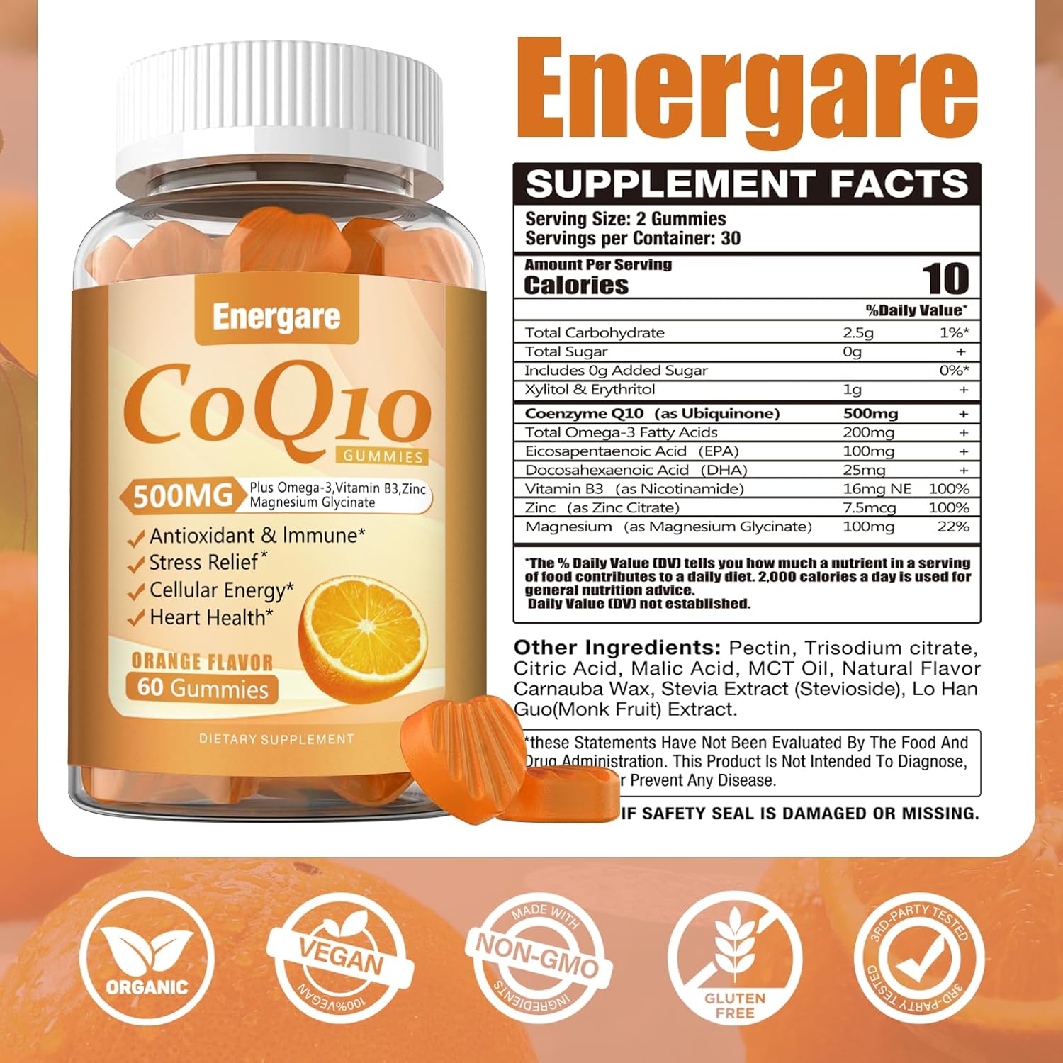 120 Ct Energare CoQ10 500MG Gummies with Omega-3, Magnesium, Vitamin B3 & Zinc - Vegan & Non-GMO - Heart Health & Antioxidant Support