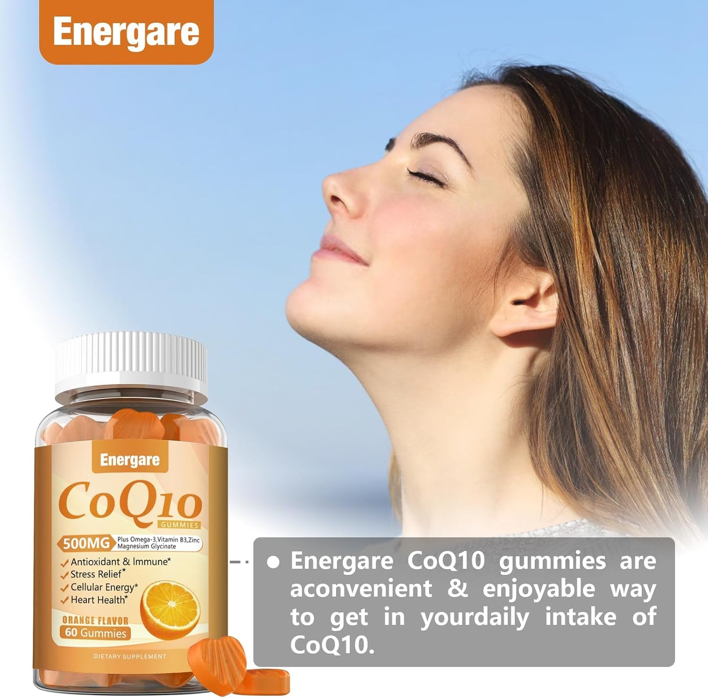 120 Ct Energare CoQ10 500MG Gummies with Omega-3, Magnesium, Vitamin B3 & Zinc - Vegan & Non-GMO - Heart Health & Antioxidant Support