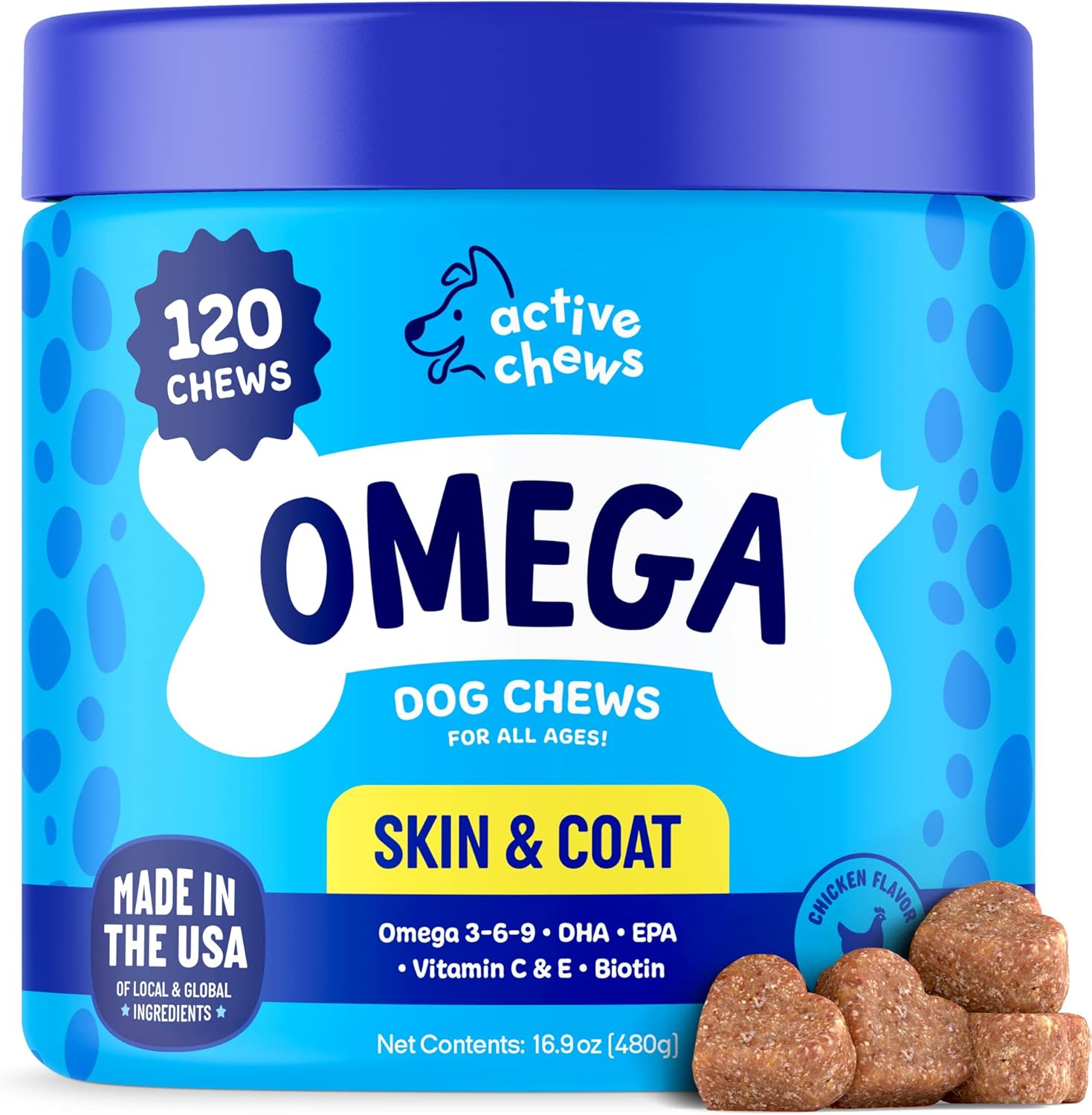 120 ct Omega 3 Soft Chews for Dogs with Biotin & Vitamin E - Skin and Coat Supplement for Itchy, Dry Skin - Shedding Omega 3 6 9 Oil