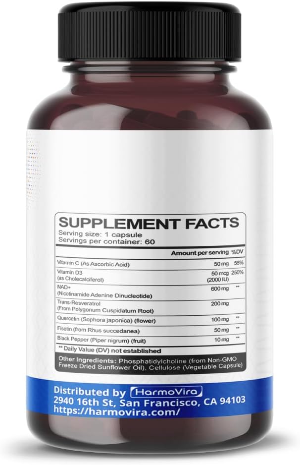 120-day Supply of HarmoVira NAD+ RESVERATROL Quercetin Fisetin Black Pepper - USA Made Healthy Aging & Energy Support Supplement