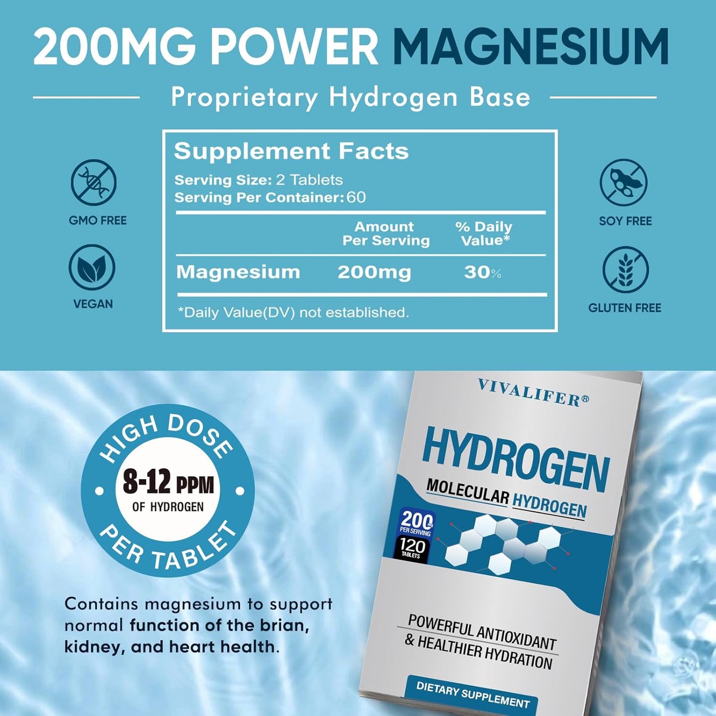 120 DQQI Hydrogen Water Tablets with Magnesium for Brain Health & Energy Boost