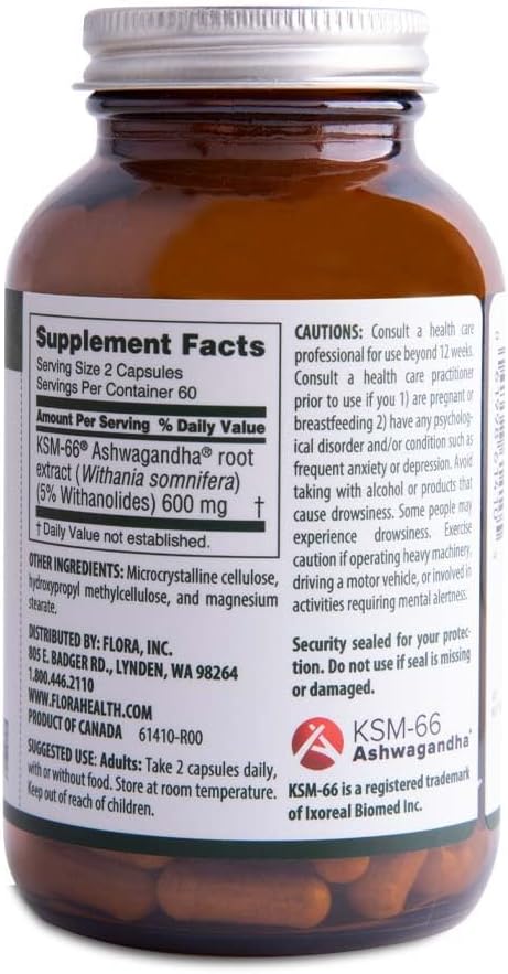 120 Flora Health Ashwagandha Root Capsules KSM-66 300mg - Improve Sleep, Boost Energy, Reduce Stress - Full Spectrum Extract - Vegetarian - 60-Day Supply