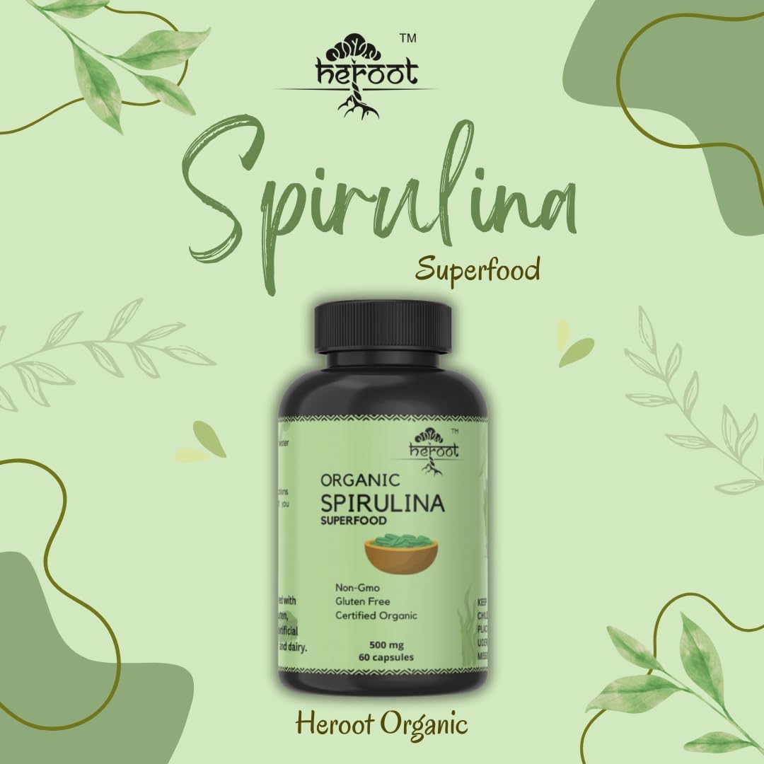 120 Heroot Organic Spirulina Protein Powder Capsules for Energy & Optimal Health - Vegetarian, Gluten Free Superfood Rich in Vitamins & Minerals
