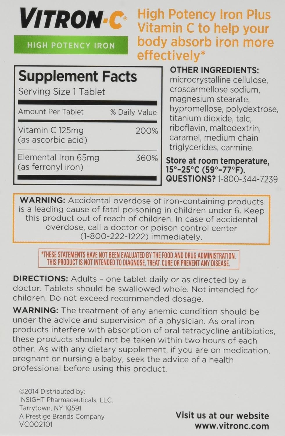 120 High Potency Iron Supplement Tablets by Vitron-C, 60 Ct Each, Pack of 2