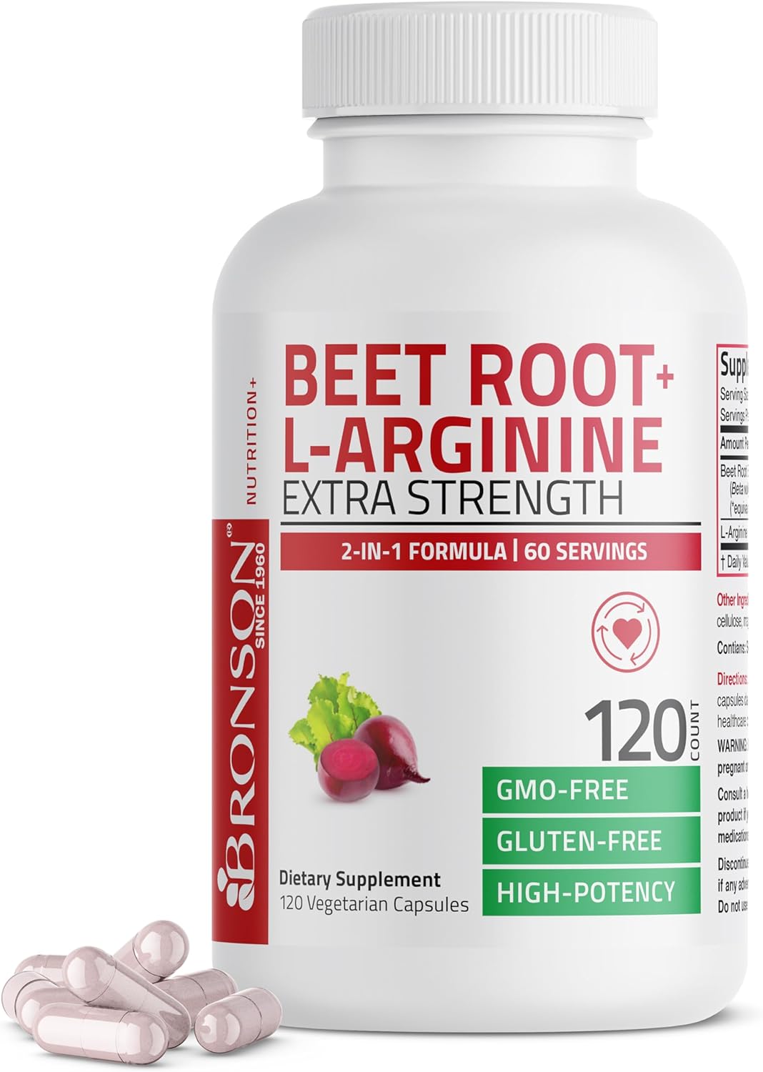 120 Non-GMO Vegetarian Capsules for Boosting Nitric Oxide Production with Bronson Beet Root and L-Arginine