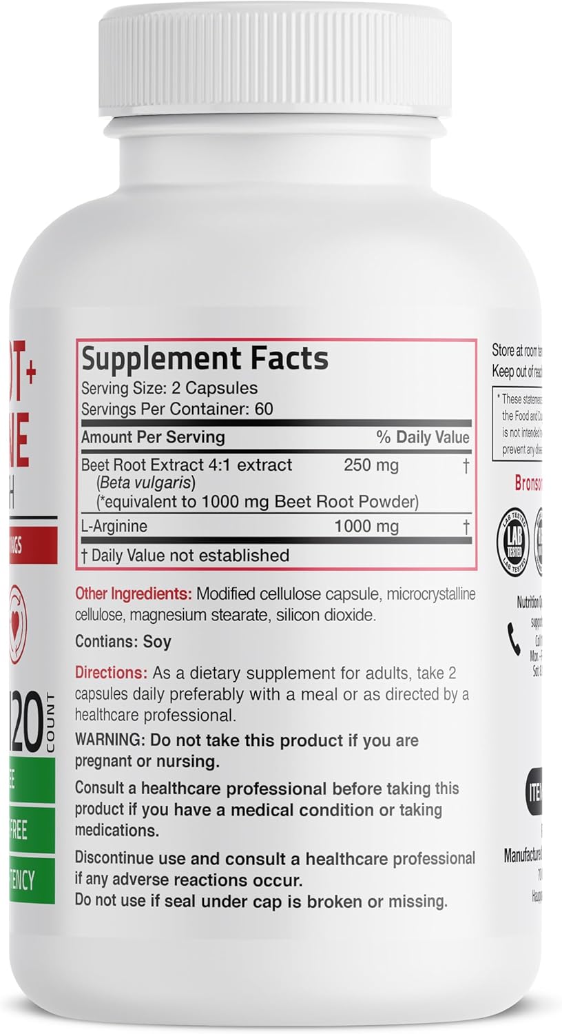 120 Non-GMO Vegetarian Capsules for Boosting Nitric Oxide Production with Bronson Beet Root and L-Arginine