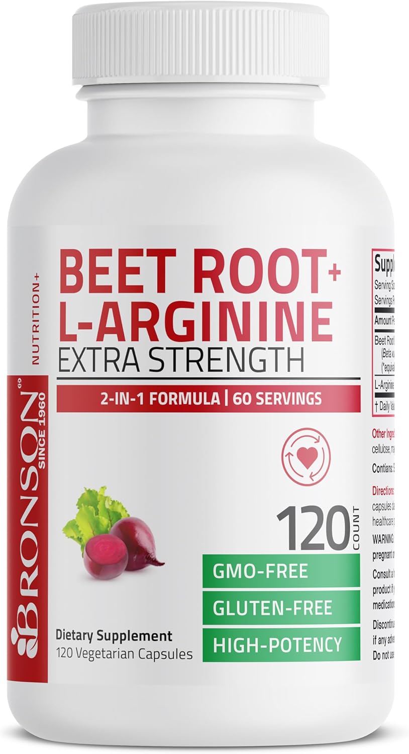 120 Non-GMO Vegetarian Capsules for Boosting Nitric Oxide Production with Bronson Beet Root and L-Arginine