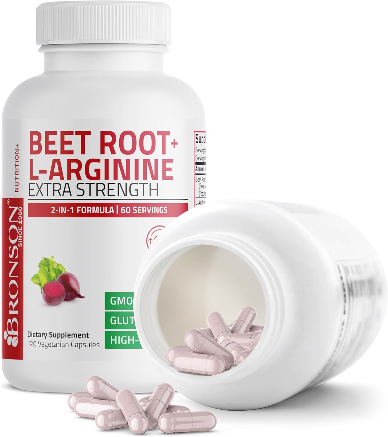 120 Non-GMO Vegetarian Capsules for Boosting Nitric Oxide Production with Bronson Beet Root and L-Arginine