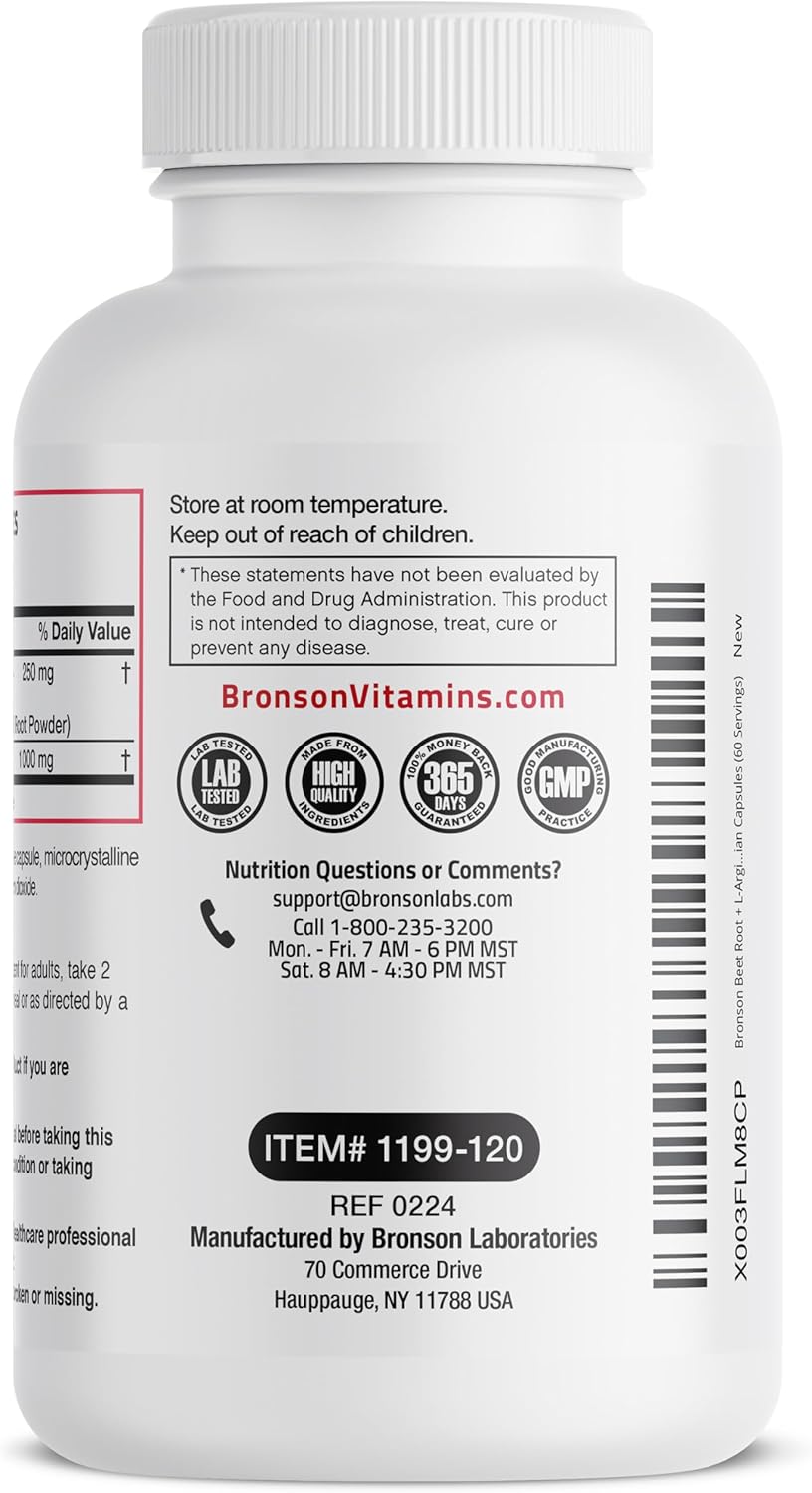 120 Non-GMO Vegetarian Capsules for Boosting Nitric Oxide Production with Bronson Beet Root and L-Arginine