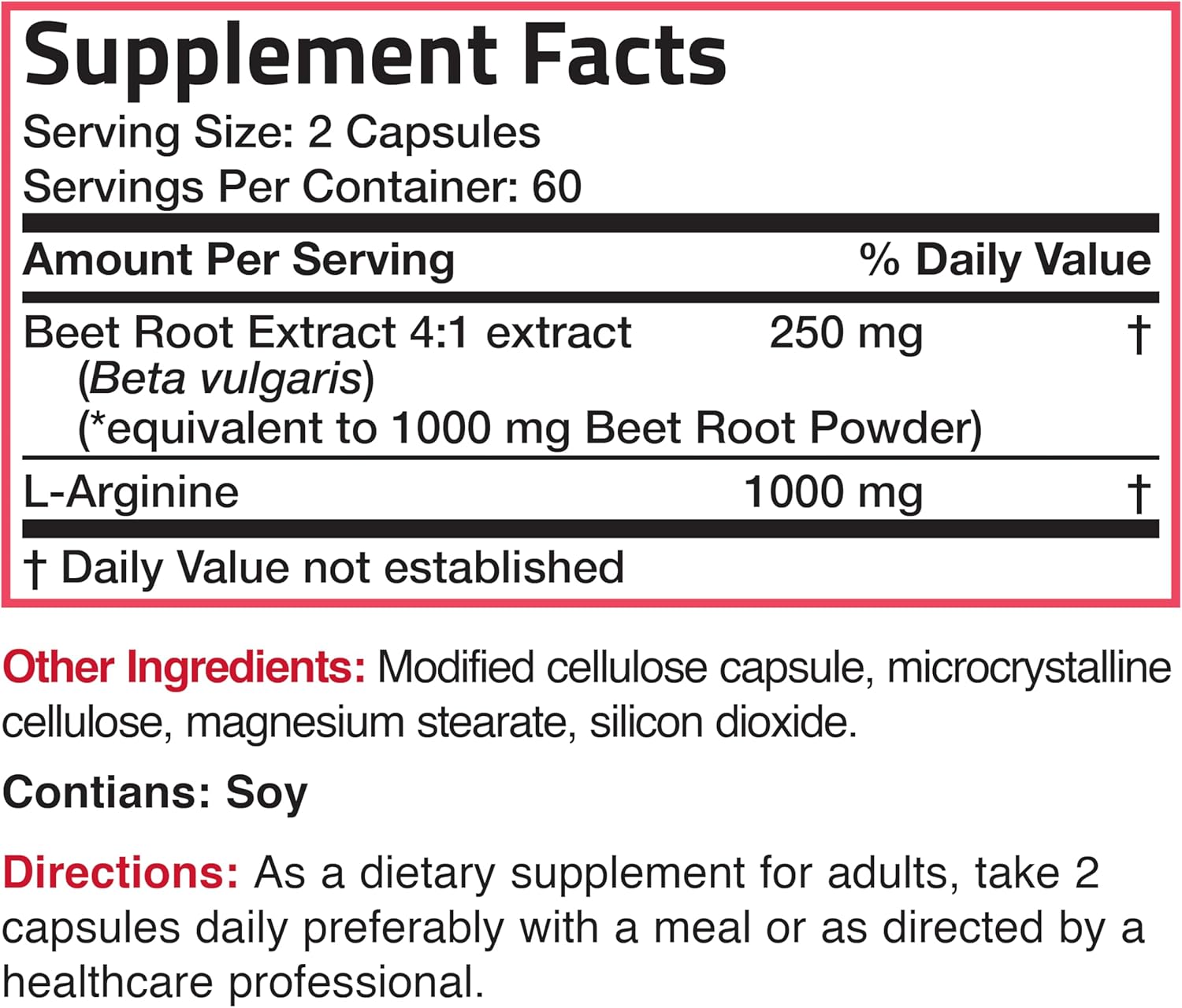 120 Non-GMO Vegetarian Capsules for Boosting Nitric Oxide Production with Bronson Beet Root and L-Arginine