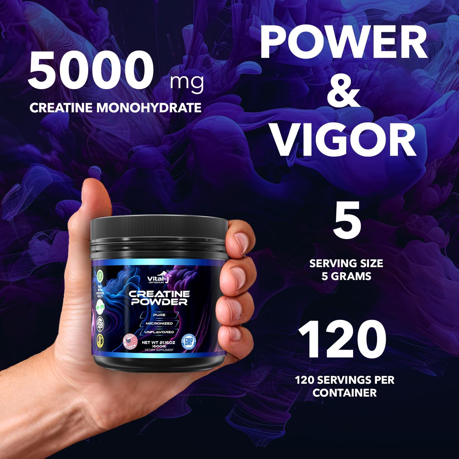 120 Servings Vital-J Pure Micronized Creatine Monohydrate Powder for Muscle Support & Cognitive Function - Gluten-Free Amino Acid Powder for Energy - Keto-Friendly 21.16 Oz