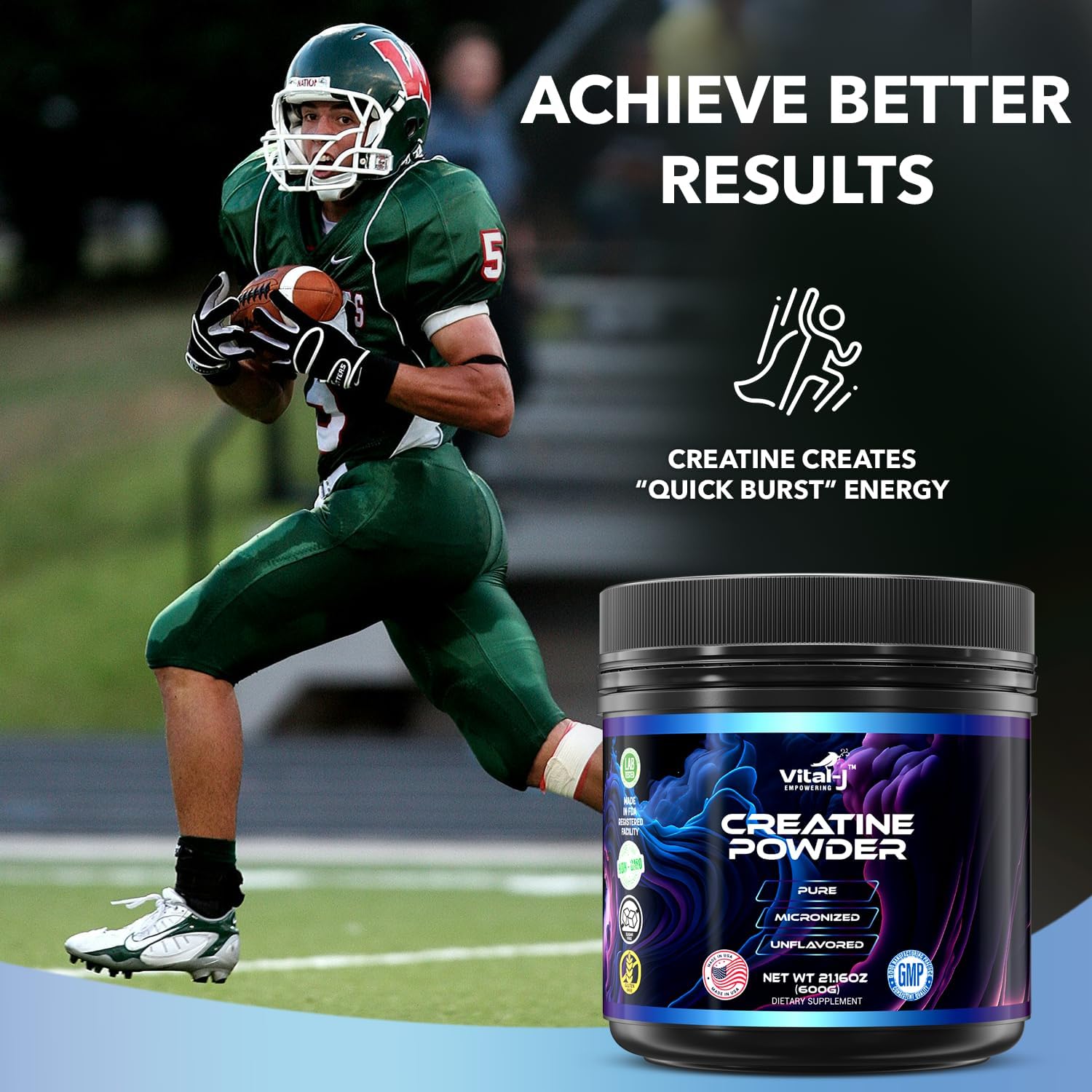 120 Servings Vital-J Pure Micronized Creatine Monohydrate Powder for Muscle Support & Cognitive Function - Gluten-Free Amino Acid Powder for Energy - Keto-Friendly 21.16 Oz