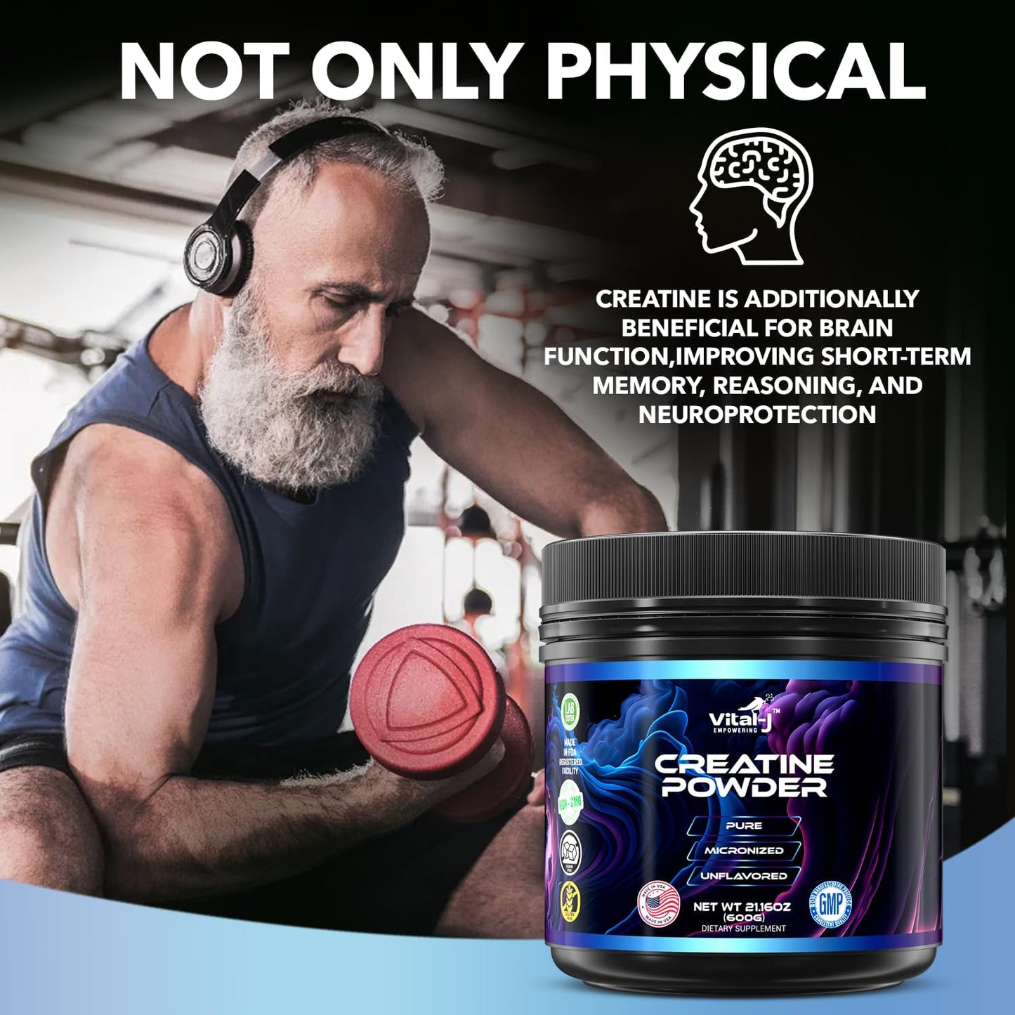 120 Servings Vital-J Pure Micronized Creatine Monohydrate Powder for Muscle Support & Cognitive Function - Gluten-Free Amino Acid Powder for Energy - Keto-Friendly 21.16 Oz