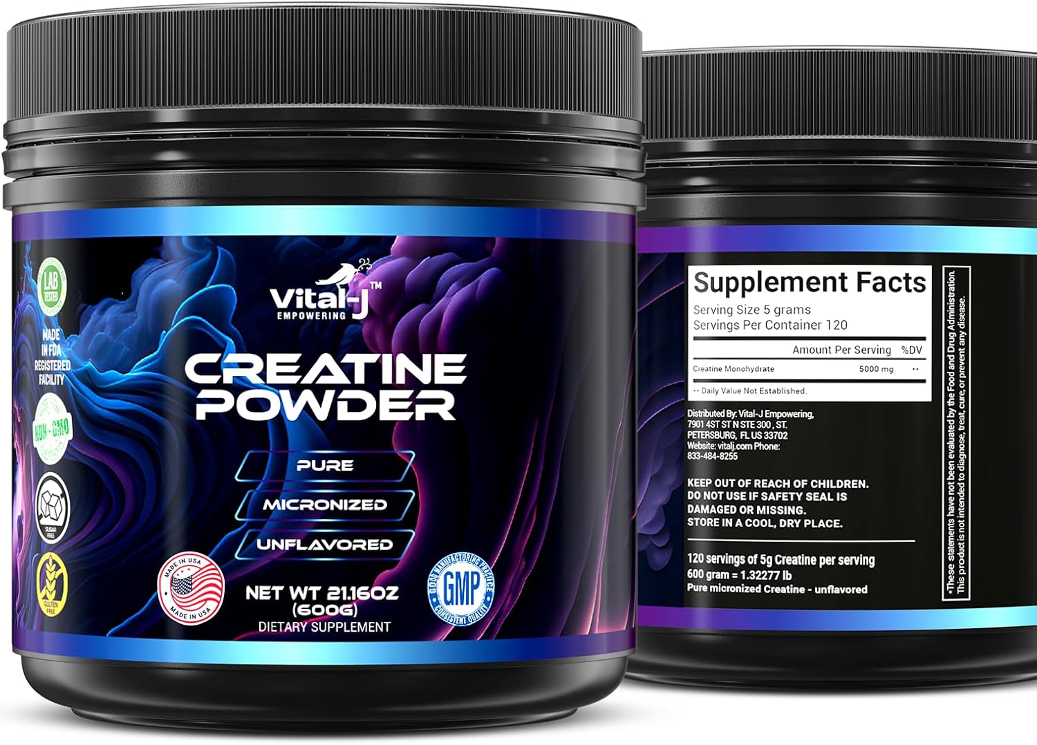 120 Servings Vital-J Pure Micronized Creatine Monohydrate Powder for Muscle Support & Cognitive Function - Gluten-Free Amino Acid Powder for Energy - Keto-Friendly 21.16 Oz
