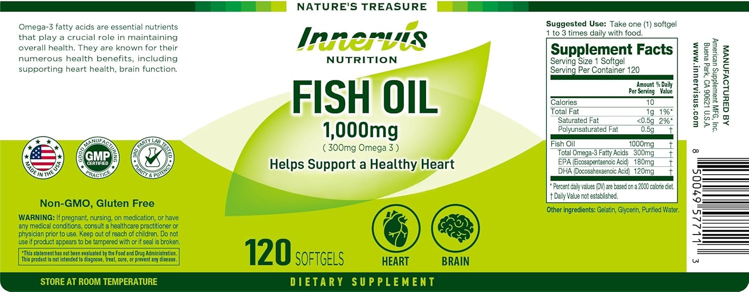 120 Softgels Fish Oil Supplement for Heart, Brain, and Eye Health - 1000mg Omega-3 EPA and DHA - Non-GMO, Gluten Free