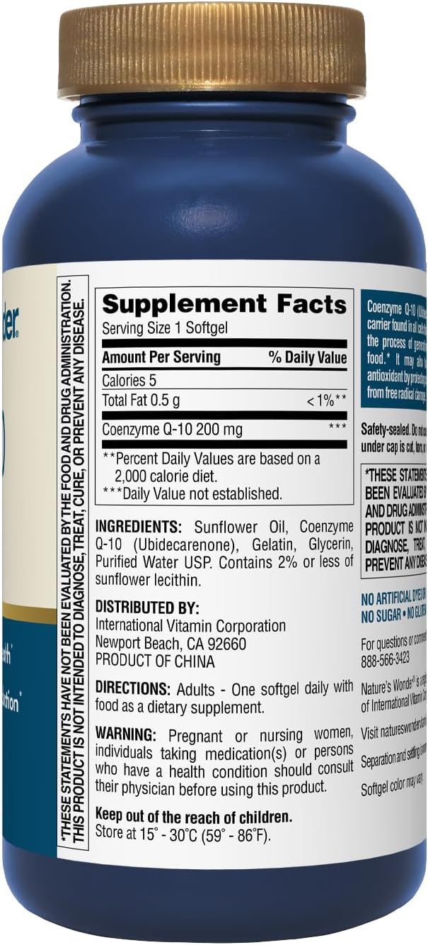 120 Softgels of Nature's Wonder Co Q 10 Supplement - 200 mg Softgel Capsules for Heart Health, Cardiovascular Function, and Energy Production - 4 Month Supply
